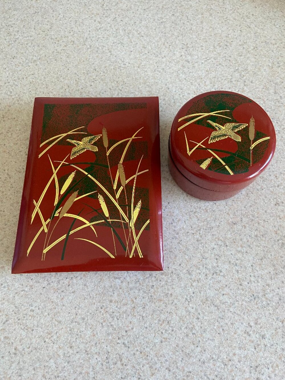 Vintage Japanese Style Lacquerware Trinket Box Set Red Gold Crane Cattails